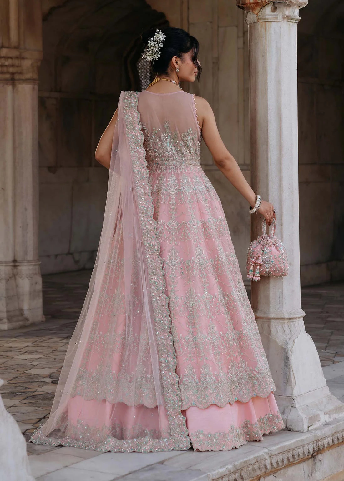 FIDA – Baby pink bridal gown with Korean silk lehenga and embroidered net dupatta. Stitched bridal outfit online at Pakistanimoda.