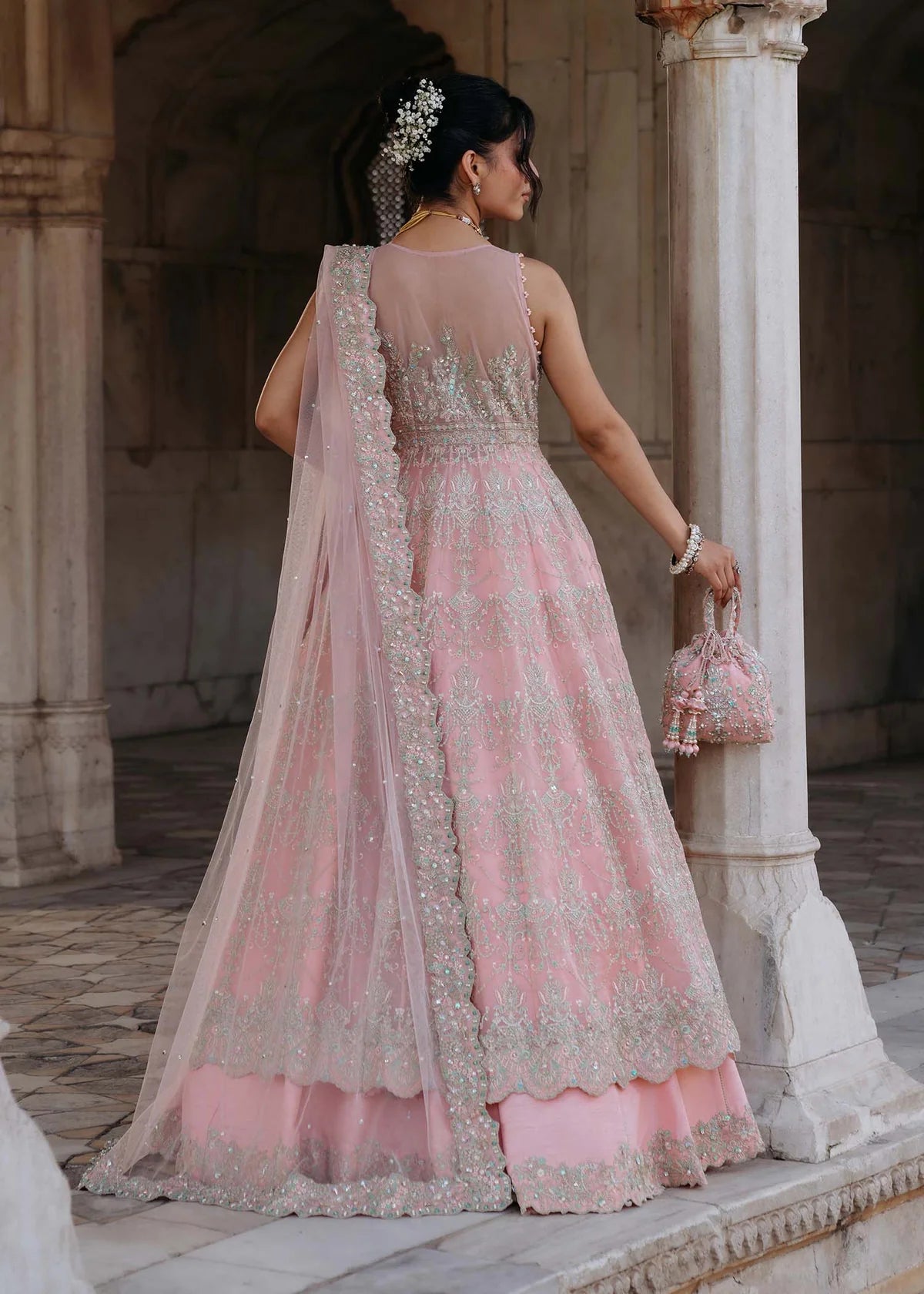 FIDA – Baby pink bridal gown with Korean silk lehenga and embroidered net dupatta. Stitched bridal outfit online at Pakistanimoda.