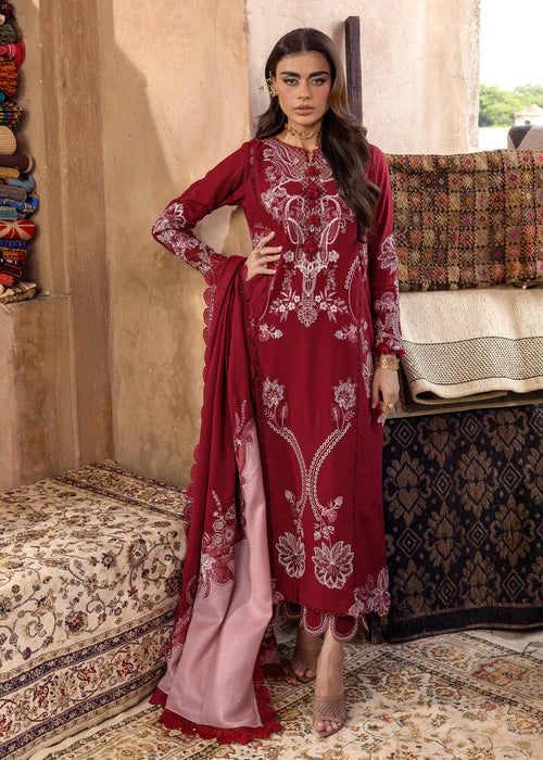 Saira Shakira FRIYA-2A red stitched karandi winter suit with embroidered wool shawl at Pakistanimoda.