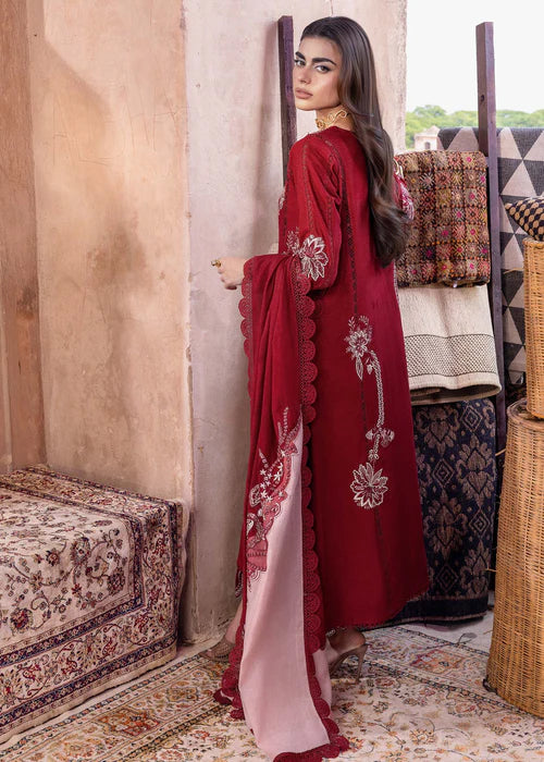 Saira Shakira FRIYA-2A red stitched karandi winter suit with embroidered wool shawl at Pakistanimoda.