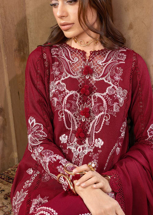 Saira Shakira FRIYA-2A red stitched karandi winter suit with embroidered wool shawl at Pakistanimoda.