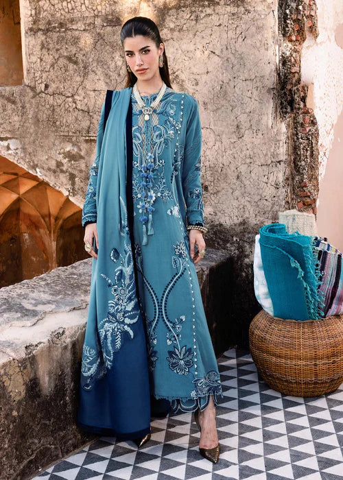 Saira Shakira FRIYA-2B cerulean stitched karandi suit with embroidered wool shawl at Pakistanimoda.