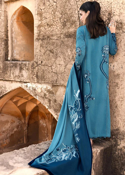 Saira Shakira FRIYA-2B cerulean stitched karandi suit with embroidered wool shawl at Pakistanimoda.