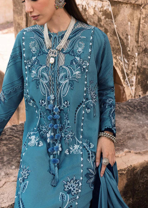 Saira Shakira FRIYA-2B cerulean stitched karandi suit with embroidered wool shawl at Pakistanimoda.
