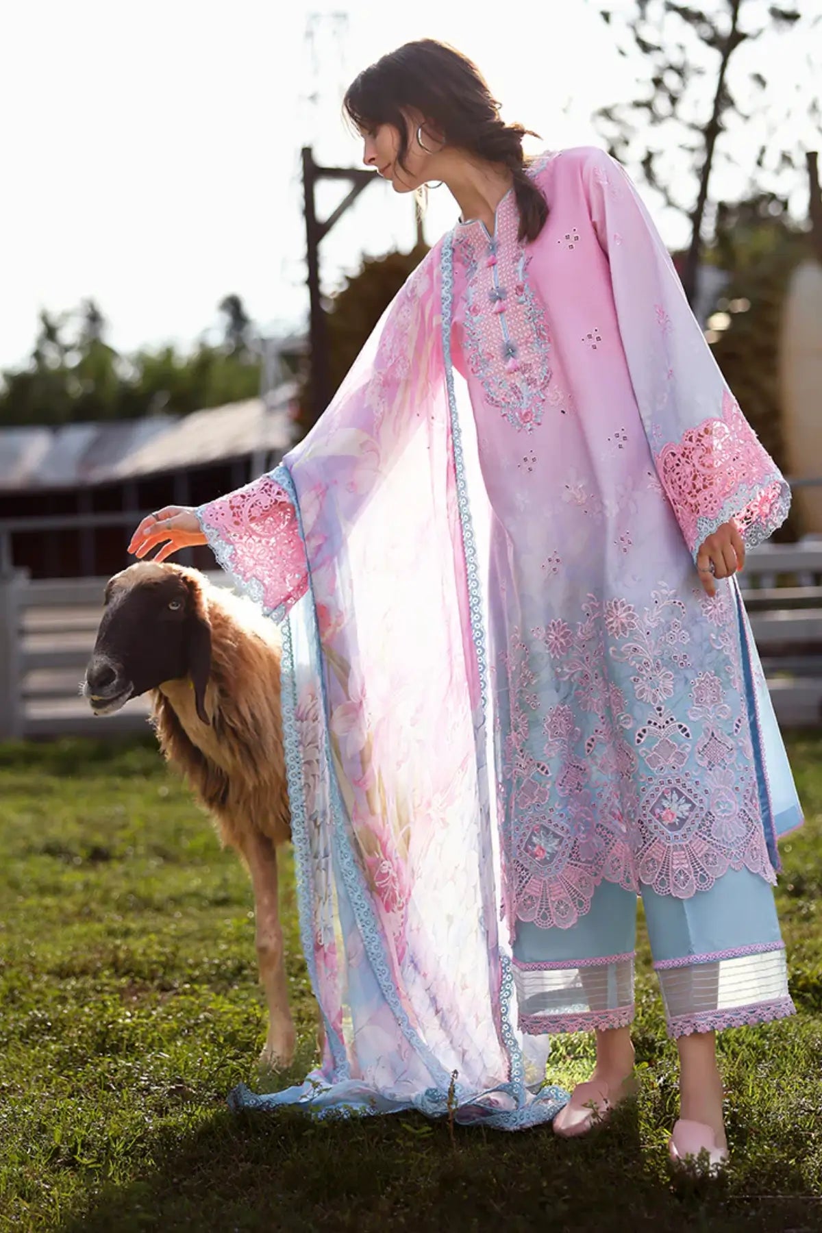 Faint Blossom Mushq pink blue chikankari lawn 3pc stitched suit with chiffon dupatta