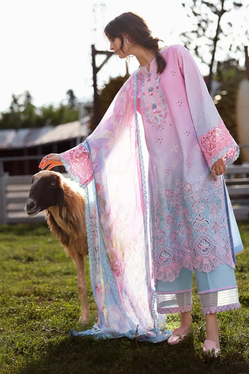 Faint Blossom Mushq pink blue chikankari lawn 3pc stitched suit with chiffon dupatta