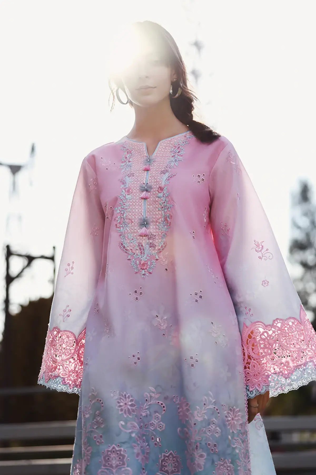 Faint Blossom Mushq pink blue chikankari lawn 3pc stitched suit with chiffon dupatta
