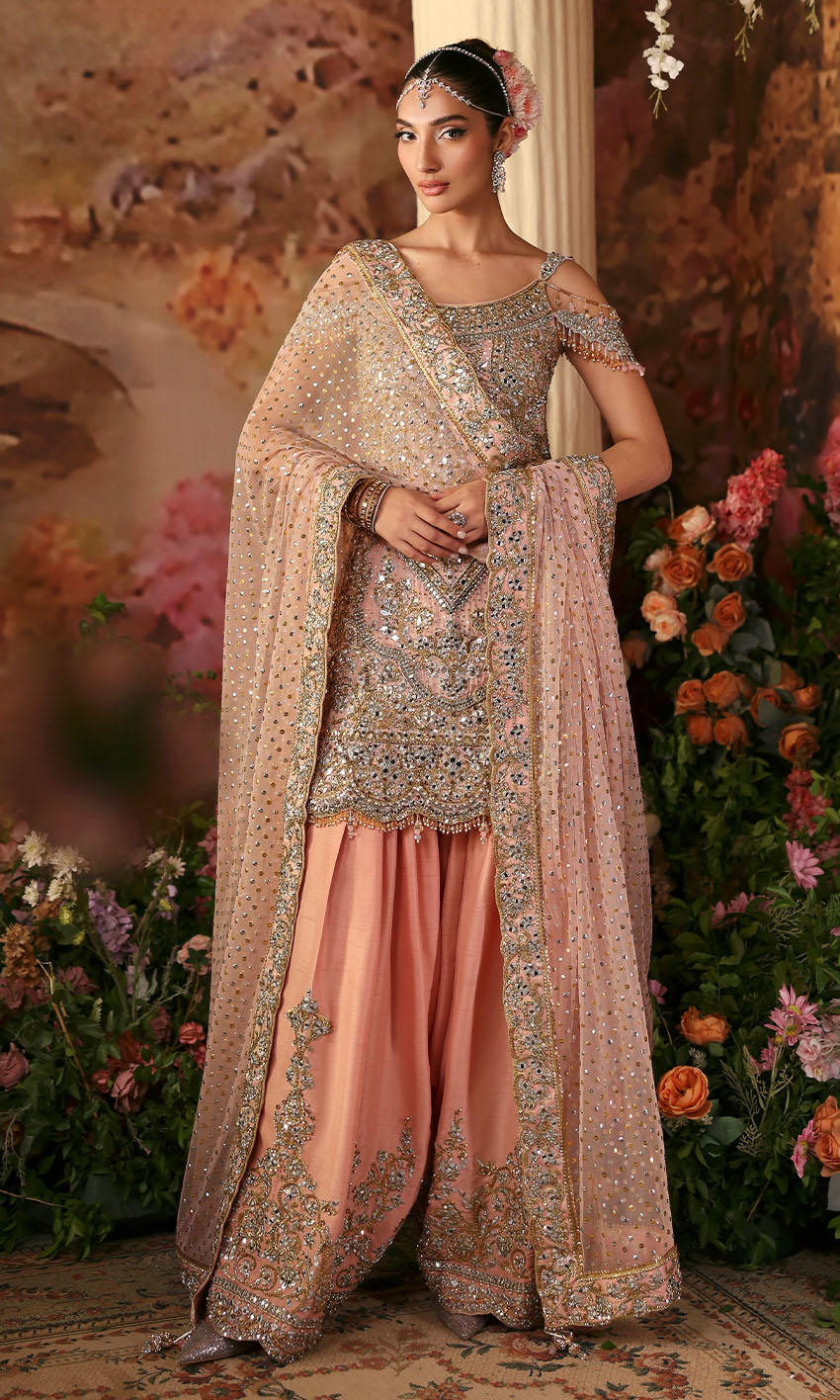 Soft pink Pakistani mirror work outfit with chiffon shirt, embellished shalwar, and net dupatta – Fairy Floss by Pakistanimoda