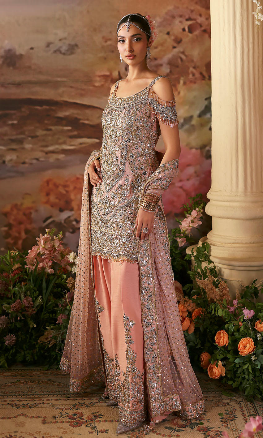 Soft pink Pakistani mirror work outfit with chiffon shirt, embellished shalwar, and net dupatta – Fairy Floss by Pakistanimoda