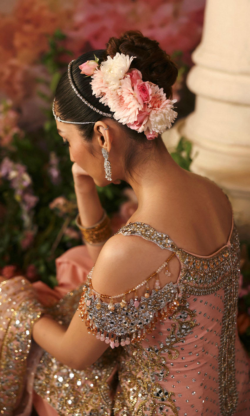 Soft pink Pakistani mirror work outfit with chiffon shirt, embellished shalwar, and net dupatta – Fairy Floss by Pakistanimoda