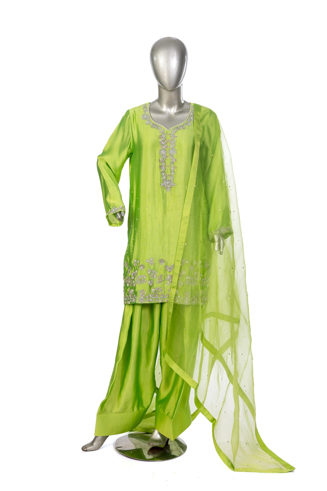 Fakhira Lime Green Sheesha Silk Suit with resham & gota handwork, farshi shalwar, and organza dupatta by MariamRaj at Pakistanimoda.