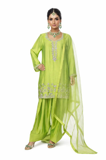 Fakhira Lime Green Sheesha Silk Suit with resham & gota handwork, farshi shalwar, and organza dupatta by MariamRaj at Pakistanimoda.
