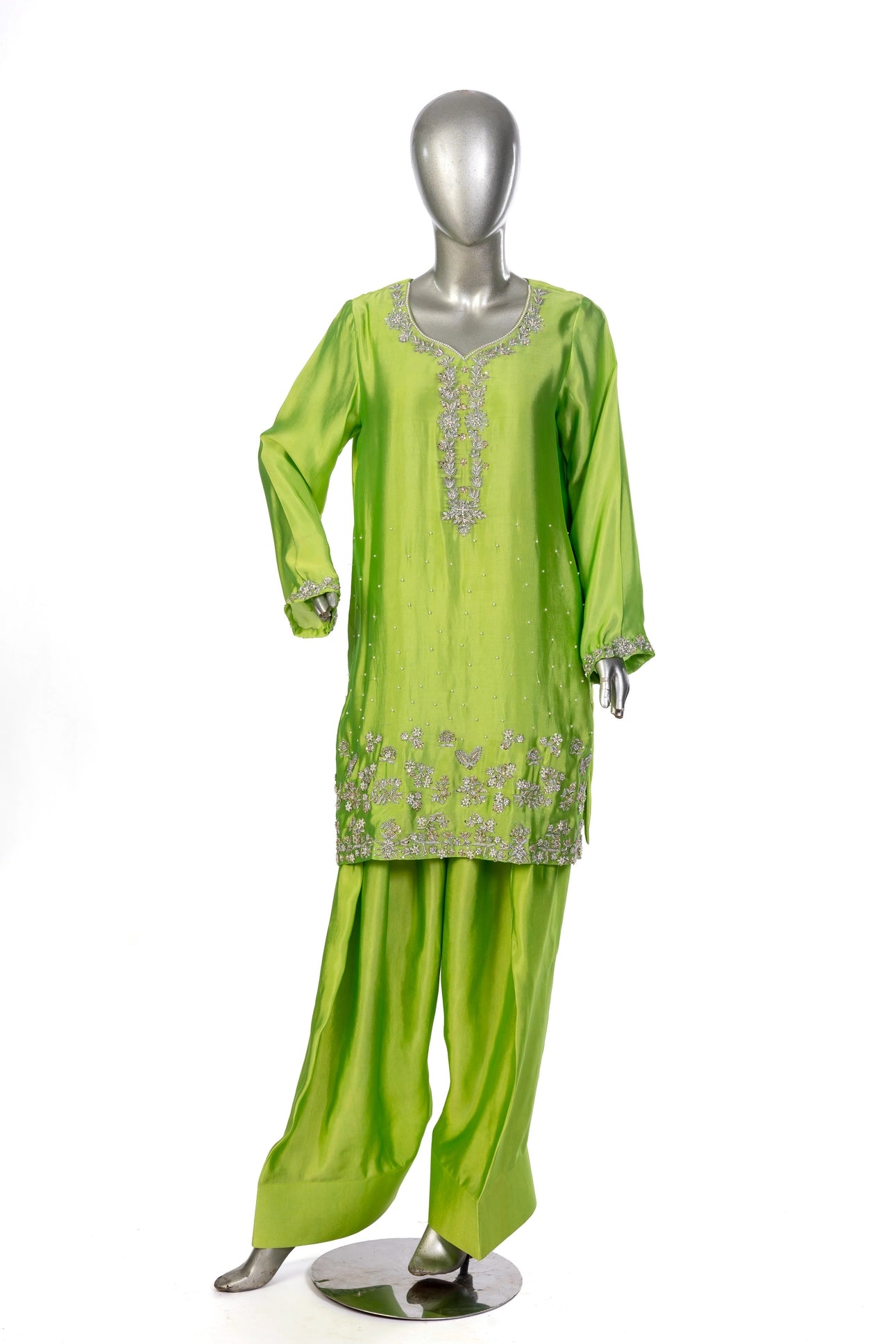 Fakhira Lime Green Sheesha Silk Suit with resham & gota handwork, farshi shalwar, and organza dupatta by MariamRaj at Pakistanimoda.