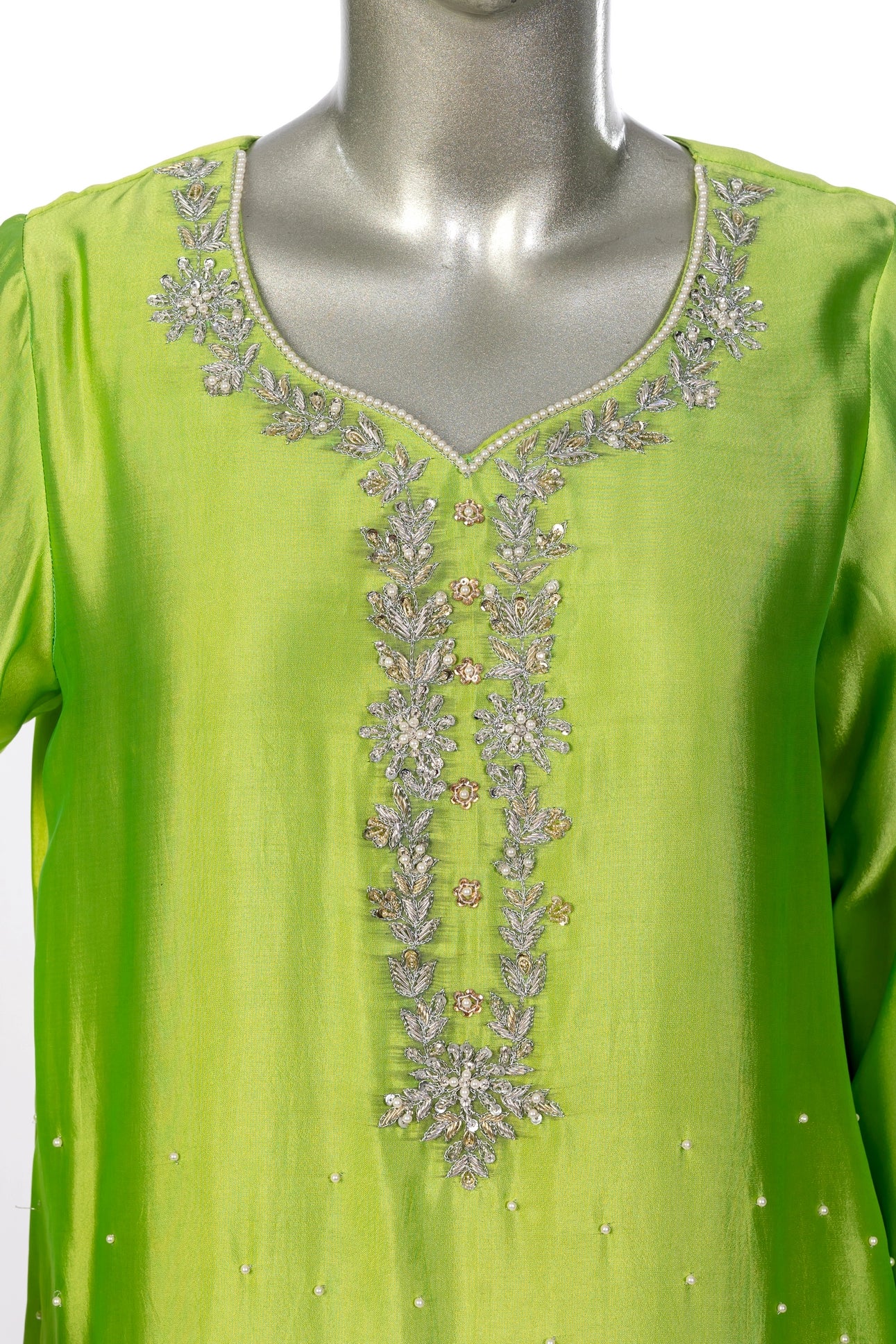 Fakhira Lime Green Sheesha Silk Suit with resham & gota handwork, farshi shalwar, and organza dupatta by MariamRaj at Pakistanimoda.