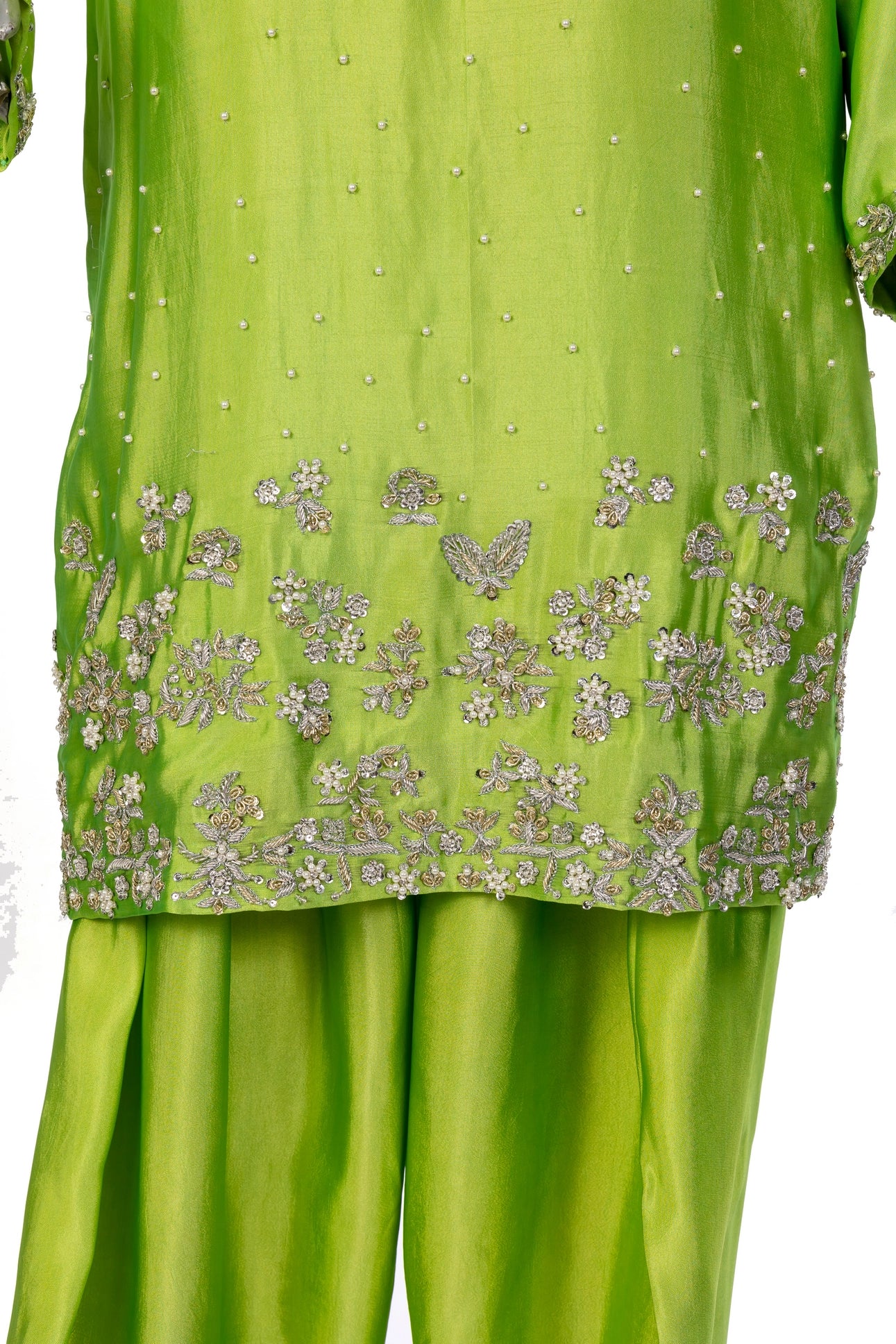 Fakhira Lime Green Sheesha Silk Suit with resham & gota handwork, farshi shalwar, and organza dupatta by MariamRaj at Pakistanimoda.