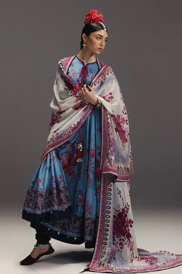 Falak Ara D2 heritage blue Anarkali with silk dupatta stitched