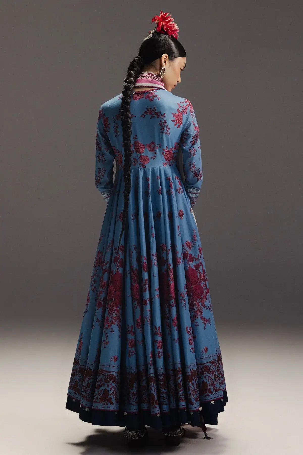 Falak Ara D2 heritage blue Anarkali with silk dupatta stitched