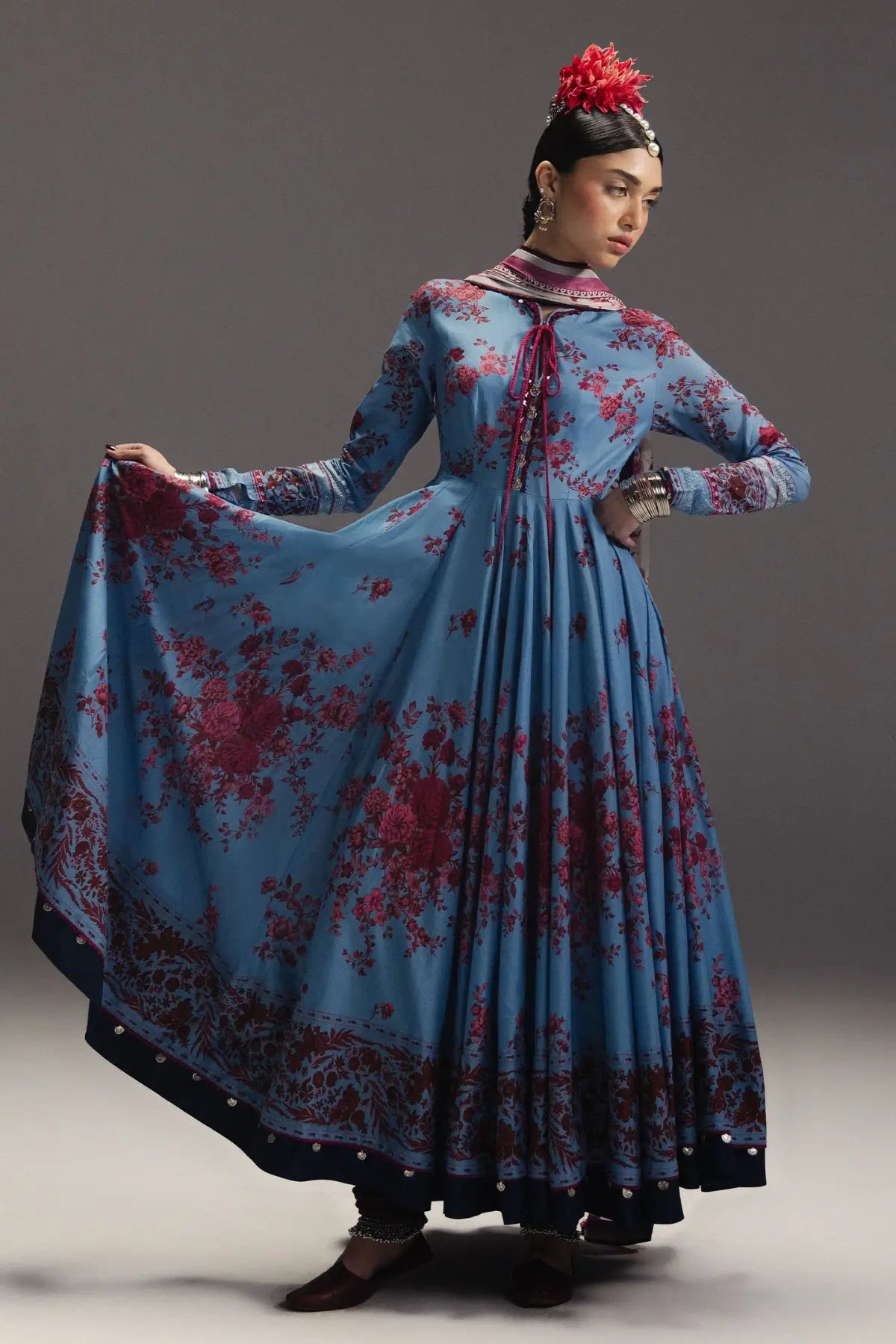 Falak Ara D2 heritage blue Anarkali with silk dupatta stitched