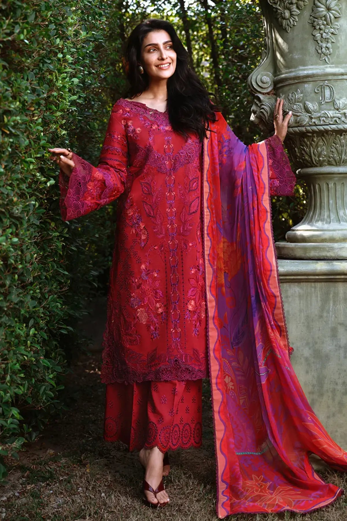Falling Petals Mushq Amoi red chikan lawn stitched 3PC suit with chiffon dupatta