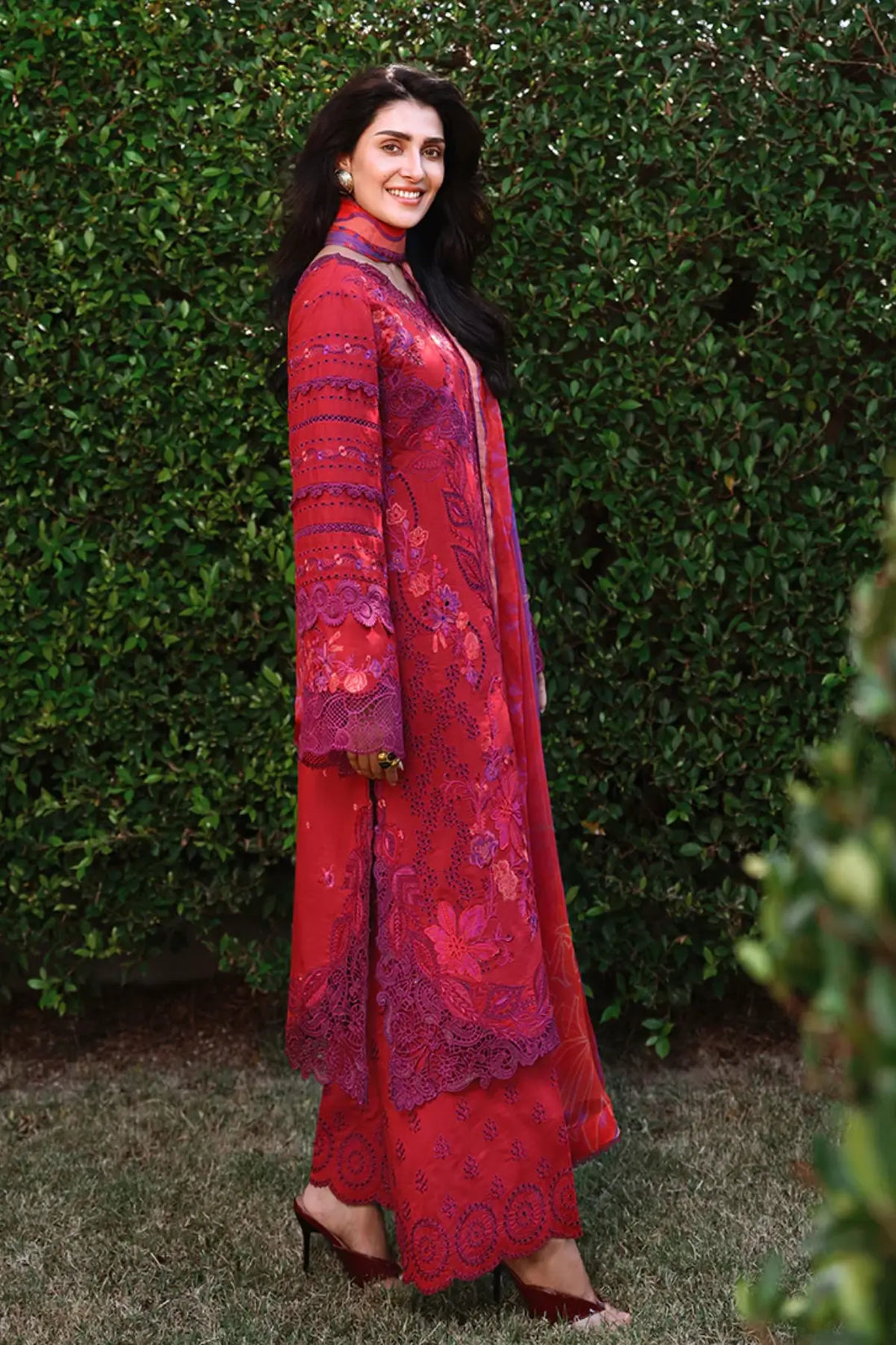 Falling Petals Mushq Amoi red chikan lawn stitched 3PC suit with chiffon dupatta