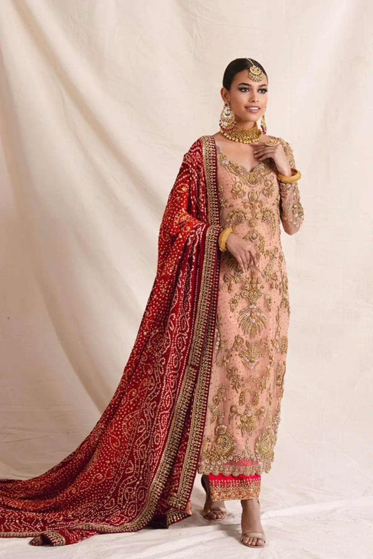 Fareeha Peach Hand Embellished Net Formal Kurta with Gold Zardozi Work, Raw Silk Pants and Red Chunri Dupatta