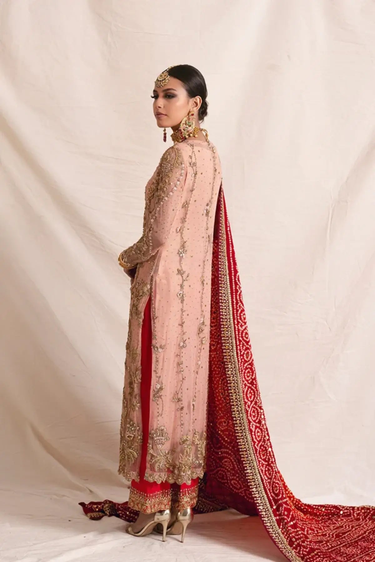 Fareeha Peach Hand Embellished Net Formal Kurta with Gold Zardozi Work, Raw Silk Pants and Red Chunri Dupatta