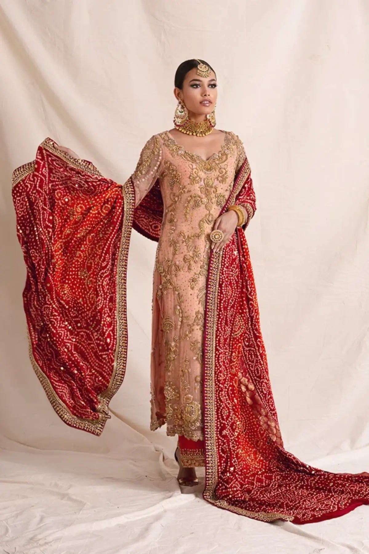 Fareeha Peach Hand Embellished Net Formal Kurta with Gold Zardozi Work, Raw Silk Pants and Red Chunri Dupatta