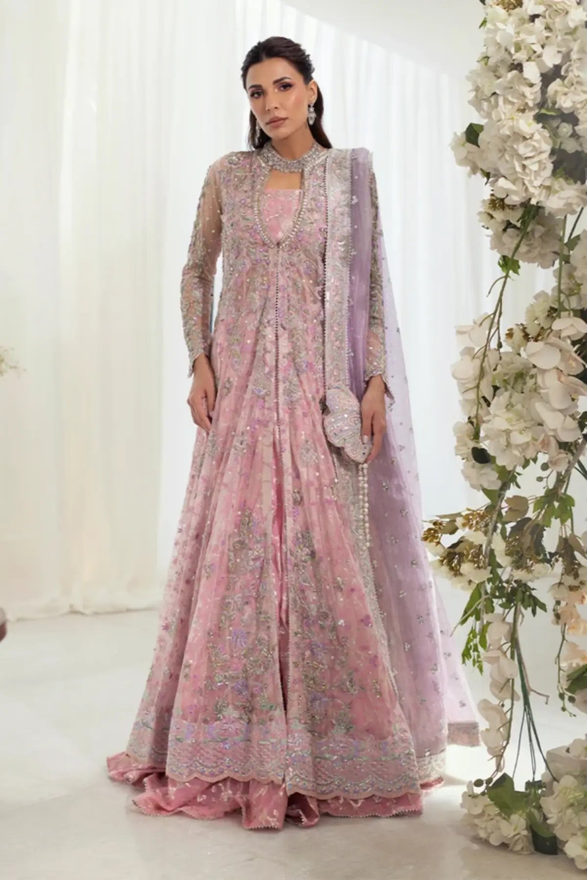 Fareshteh Light Pink Net Walima Pishwas with Silver Beadwork, Cotton Jamawar Lehenga, Lame Tissue Dupatta and Embellished Pouch