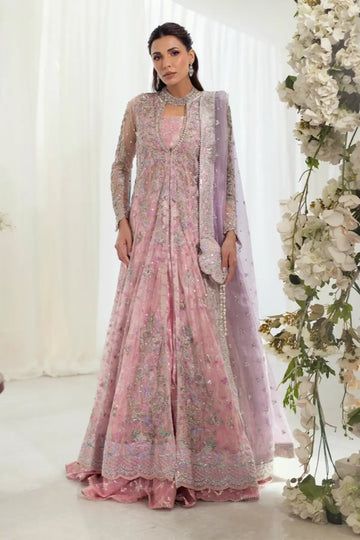Fareshteh Light Pink Net Walima Pishwas with Silver Beadwork, Cotton Jamawar Lehenga, Lame Tissue Dupatta and Embellished Pouch