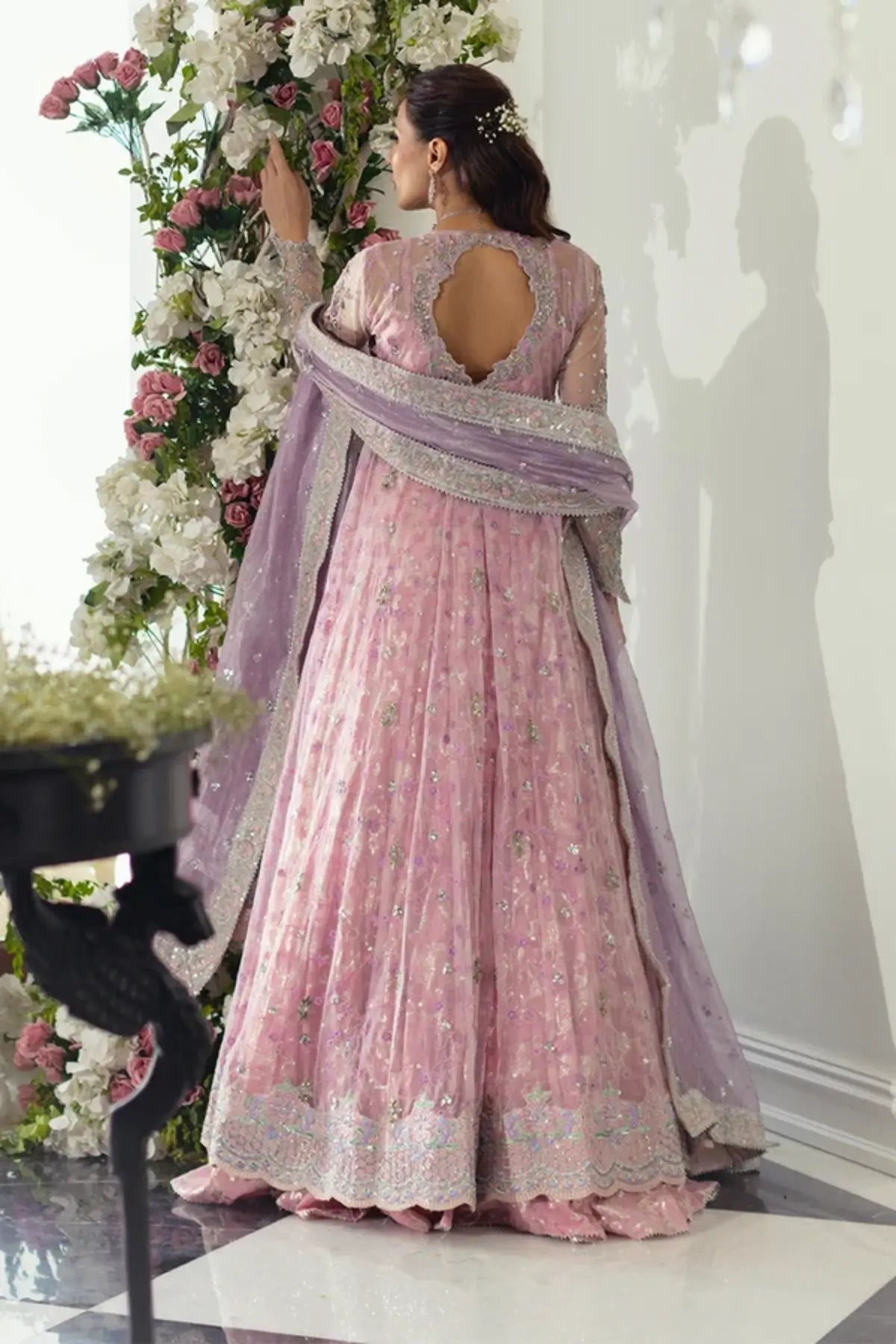 Fareshteh Light Pink Net Walima Pishwas with Silver Beadwork, Cotton Jamawar Lehenga, Lame Tissue Dupatta and Embellished Pouch