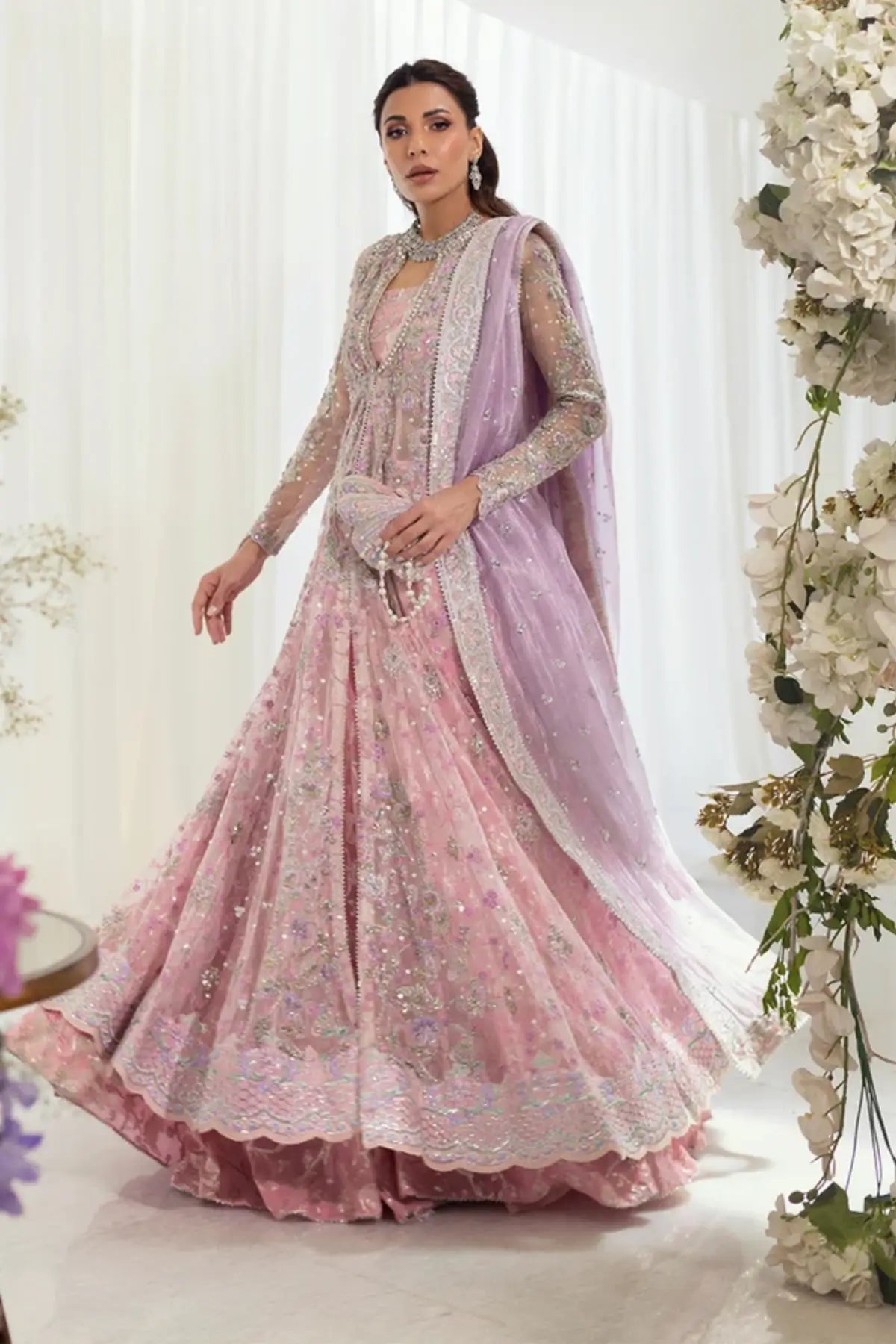Fareshteh Light Pink Net Walima Pishwas with Silver Beadwork, Cotton Jamawar Lehenga, Lame Tissue Dupatta and Embellished Pouch