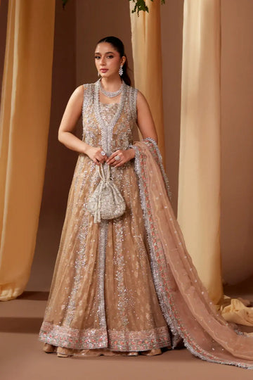 Farheen Beige Embellished Net Wedding Pishwas with Silver Handwork, Cotton Jamawar Dhaka Pants, Lame Dupatta and Embellished Pouch