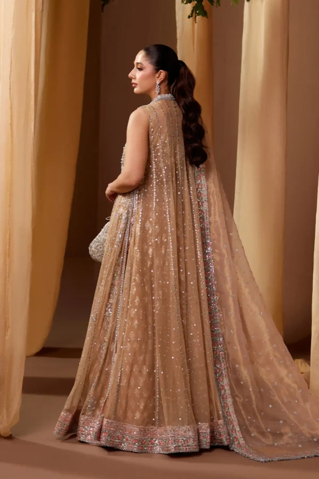 Farheen Beige Embellished Net Wedding Pishwas with Silver Handwork, Cotton Jamawar Dhaka Pants, Lame Dupatta and Embellished Pouch