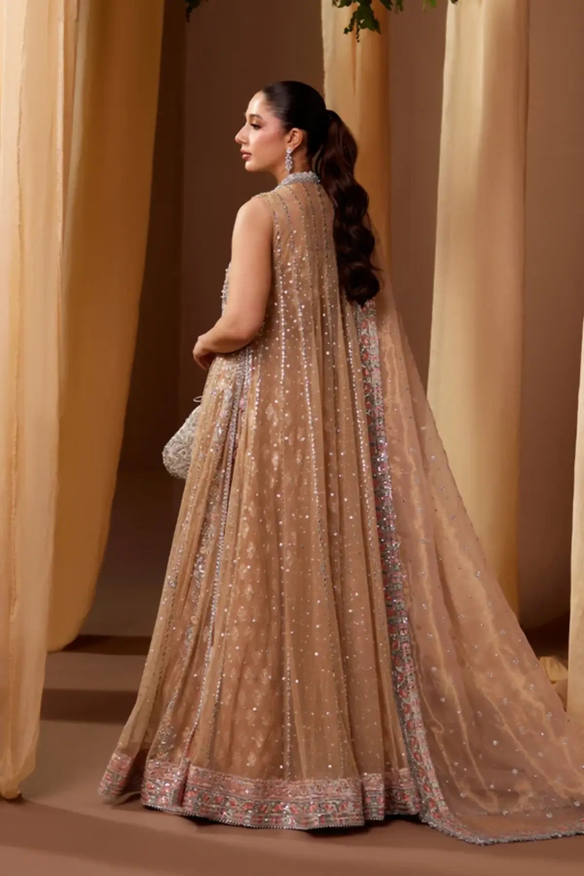 Farheen Beige Embellished Net Wedding Pishwas with Silver Handwork, Cotton Jamawar Dhaka Pants, Lame Dupatta and Embellished Pouch