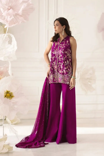 Fariha Magenta Pakistani Dholki Sharara 3PC Suit with Floral Embroidered Silk Net Sleeveless Jacket, Cropped Top, Cotton Silk Sharara Pants and Chiffon Dupatta