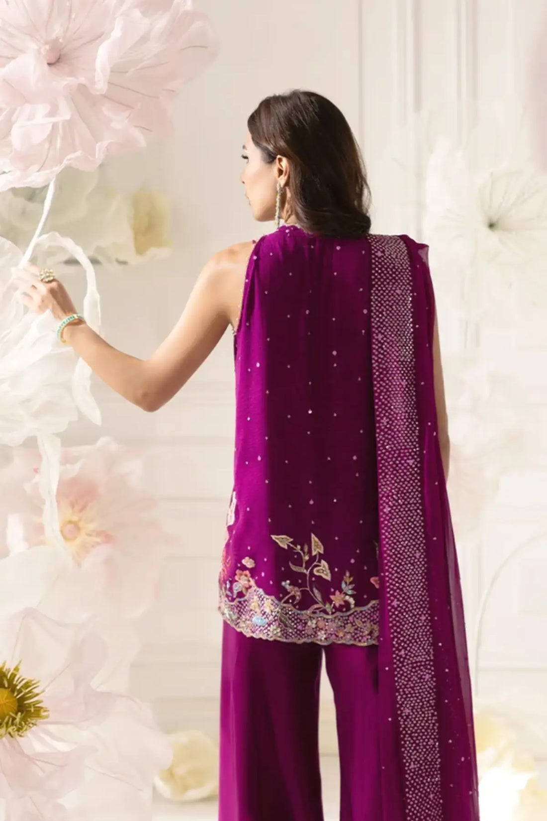Fariha Magenta Pakistani Dholki Sharara 3PC Suit with Floral Embroidered Silk Net Sleeveless Jacket, Cropped Top, Cotton Silk Sharara Pants and Chiffon Dupatta
