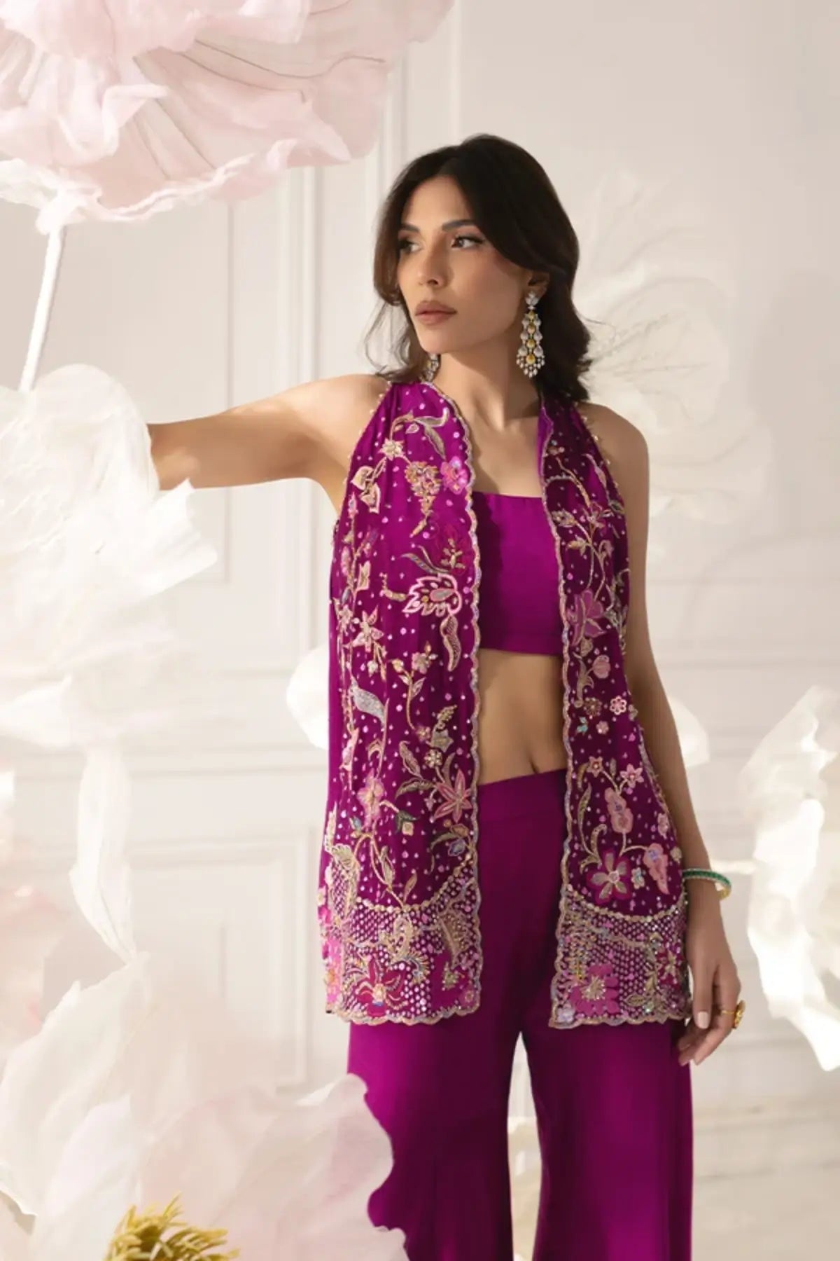 Fariha Magenta Pakistani Dholki Sharara 3PC Suit with Floral Embroidered Silk Net Sleeveless Jacket, Cropped Top, Cotton Silk Sharara Pants and Chiffon Dupatta