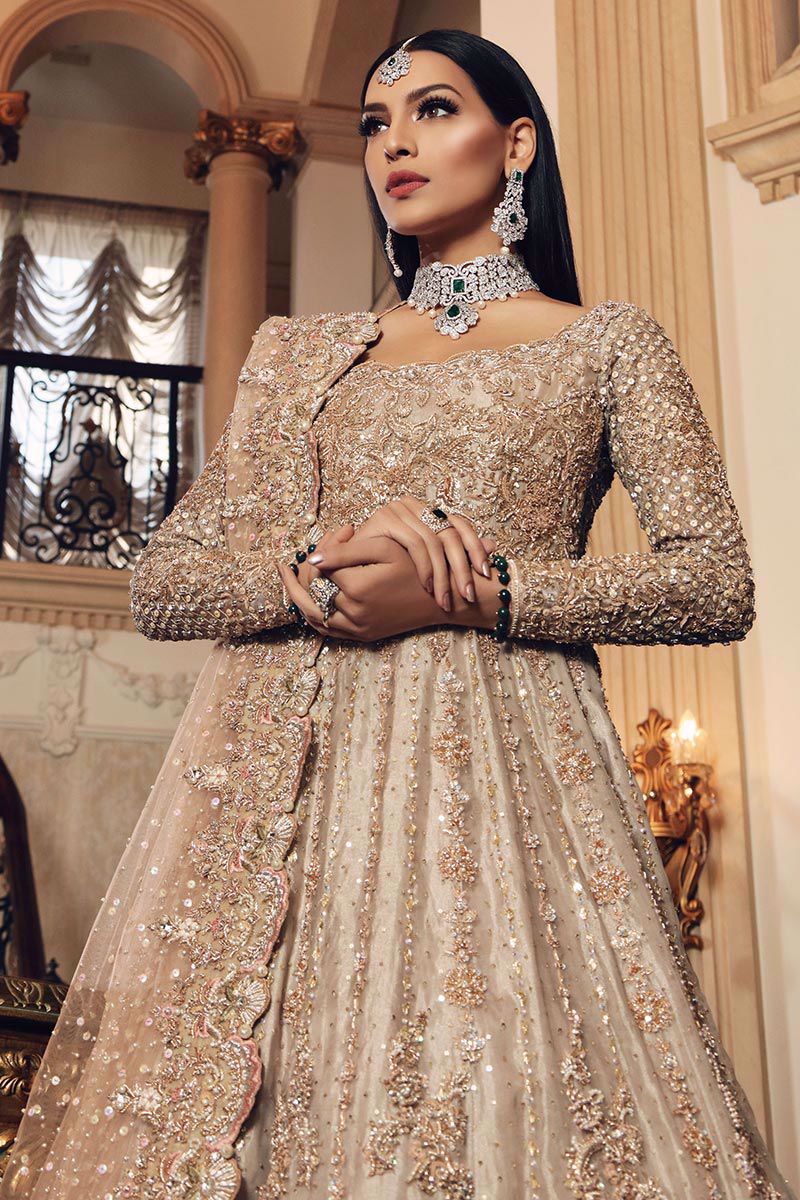 Farsh-e-Gul- Bridal Tissue Gown with Peach Lehenga