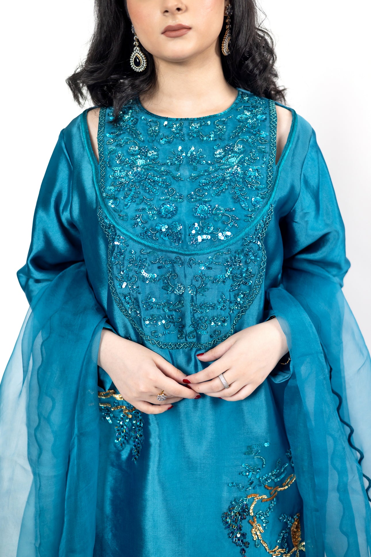 Faryal teal silk sharara set with sheesha silk shirt, flowing sharara, and organza dupatta with cutwork for evening events, dinner parties, and festive occasions by MariamRaj
