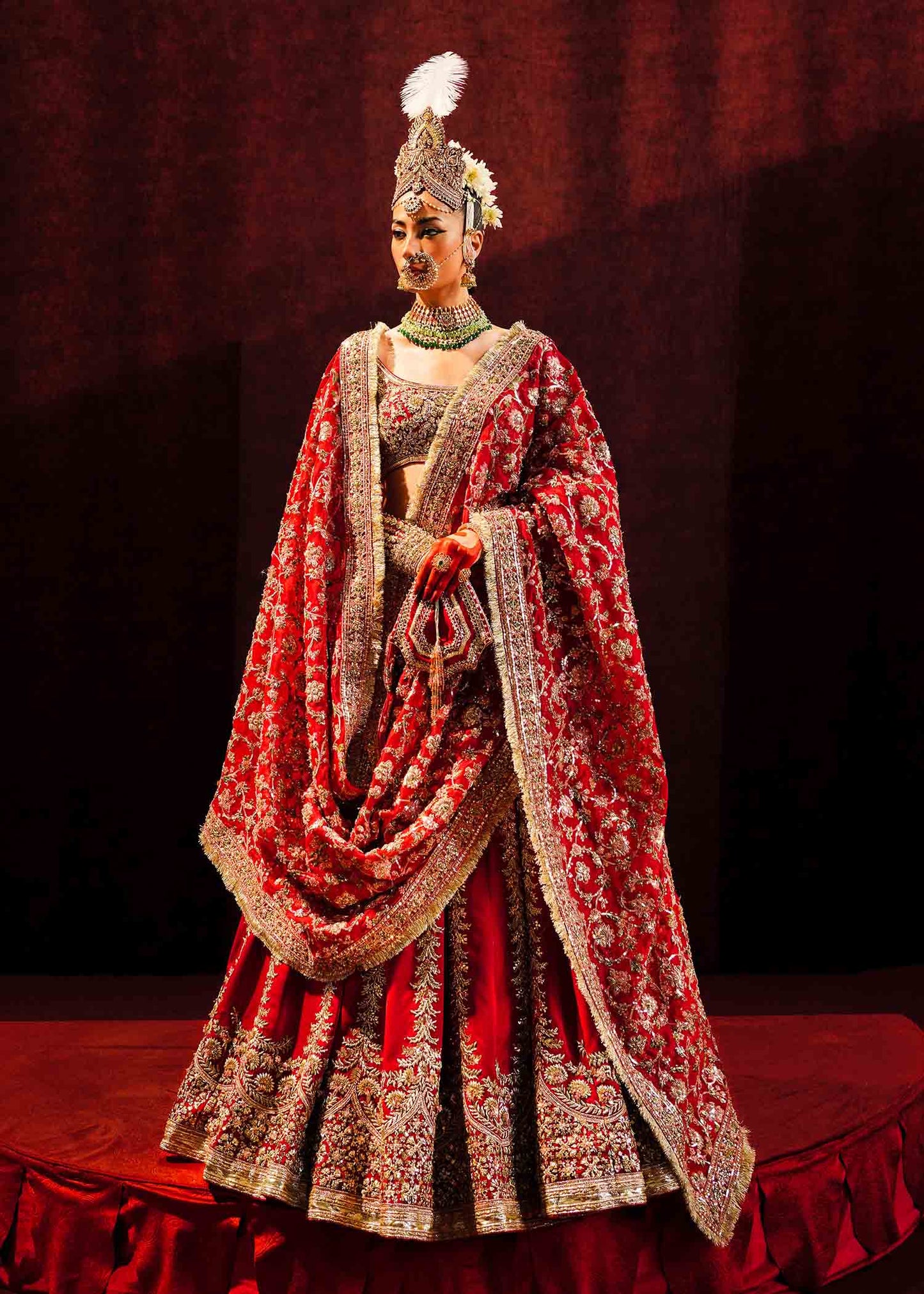 Fasanay-Red Bridal Satin Silk Lehenga with Organza Choli