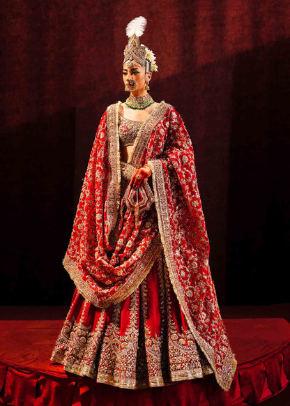 Fasanay-Red Bridal Satin Silk Lehenga with Organza Choli