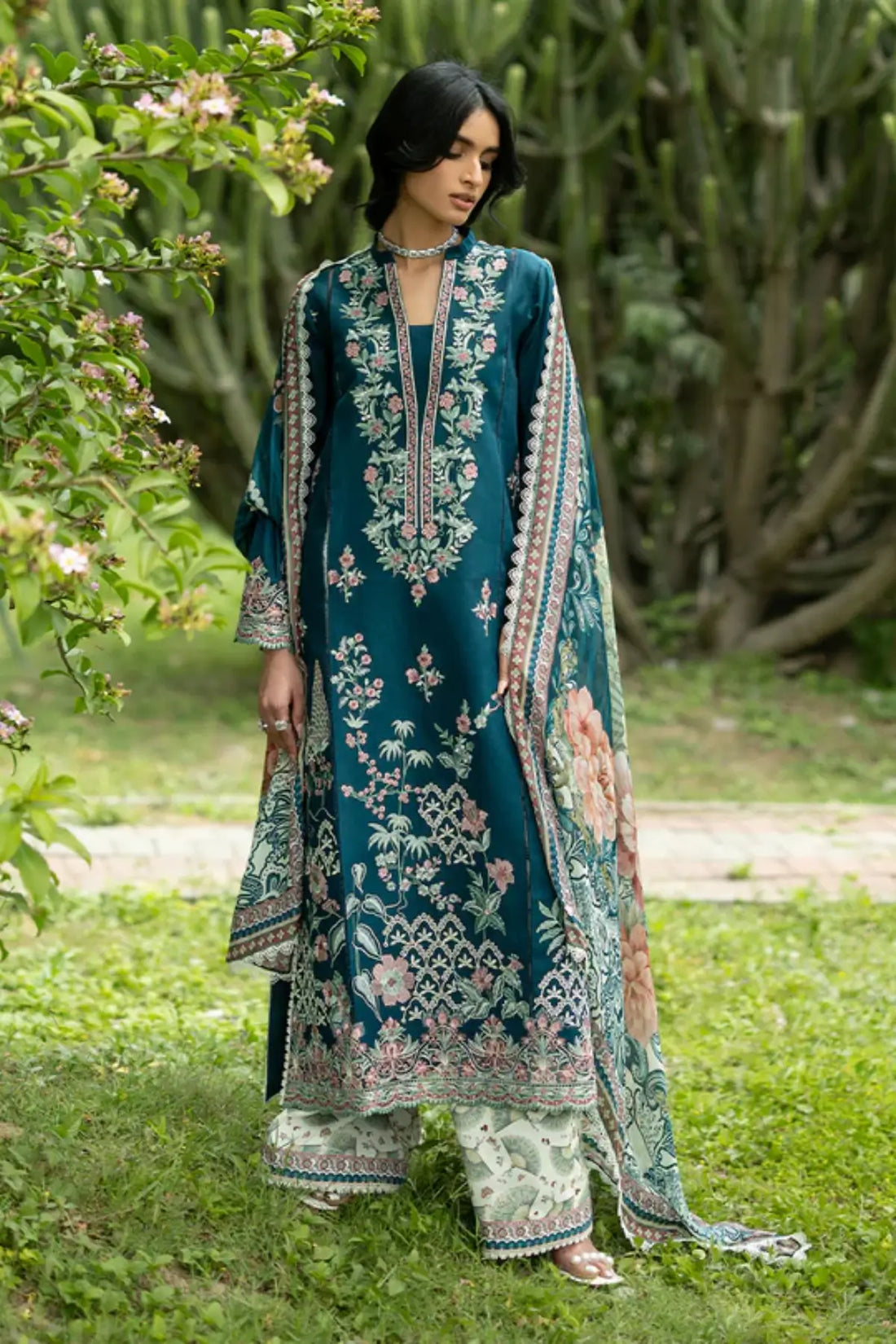 Faye 01 teal floral stitched lawn 3PC suit with silk dupatta by Zainab Chottani Pakistanimoda