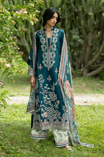 Faye 01 teal floral stitched lawn 3PC suit with silk dupatta by Zainab Chottani Pakistanimoda