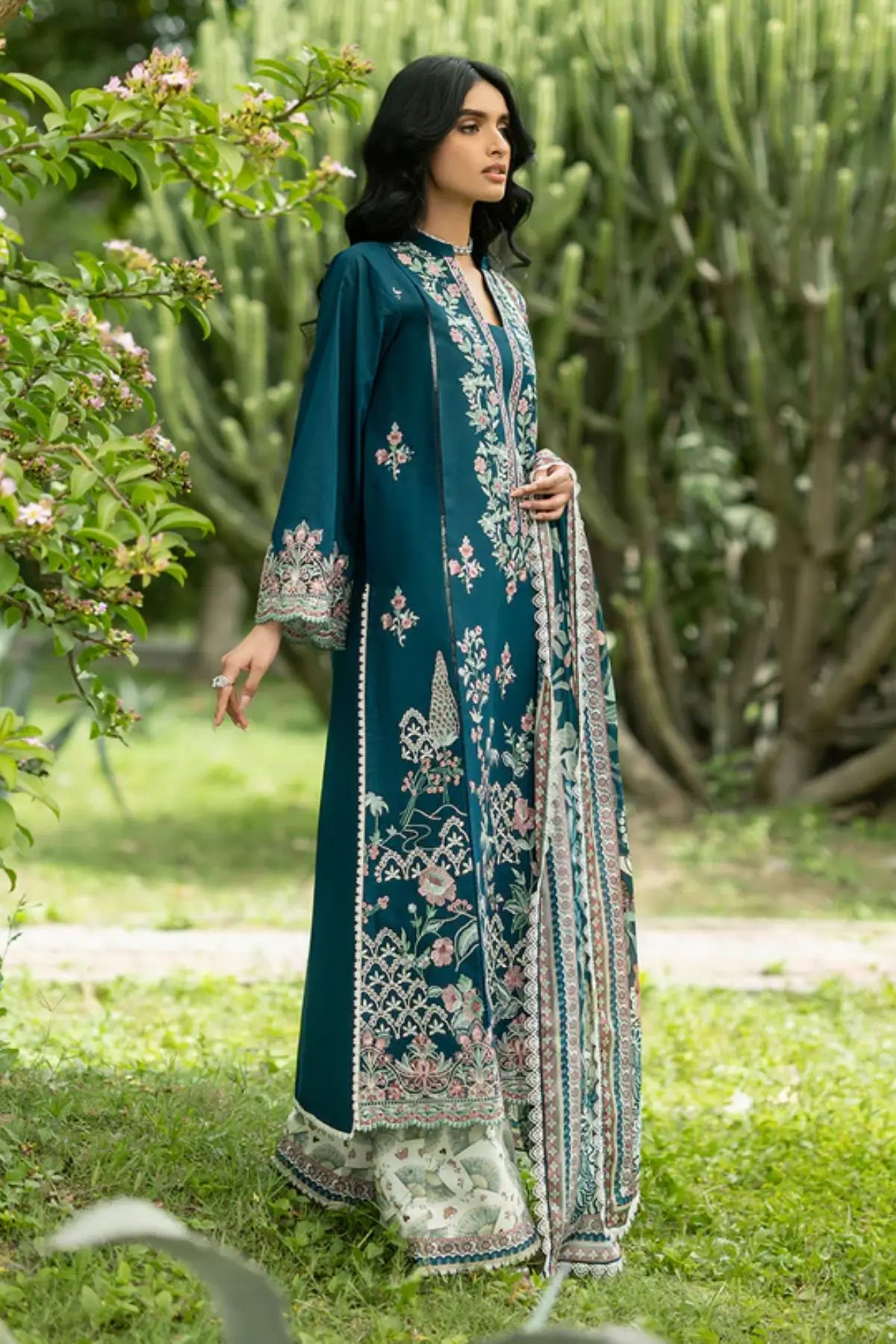 Faye 01 teal floral stitched lawn 3PC suit with silk dupatta by Zainab Chottani Pakistanimoda