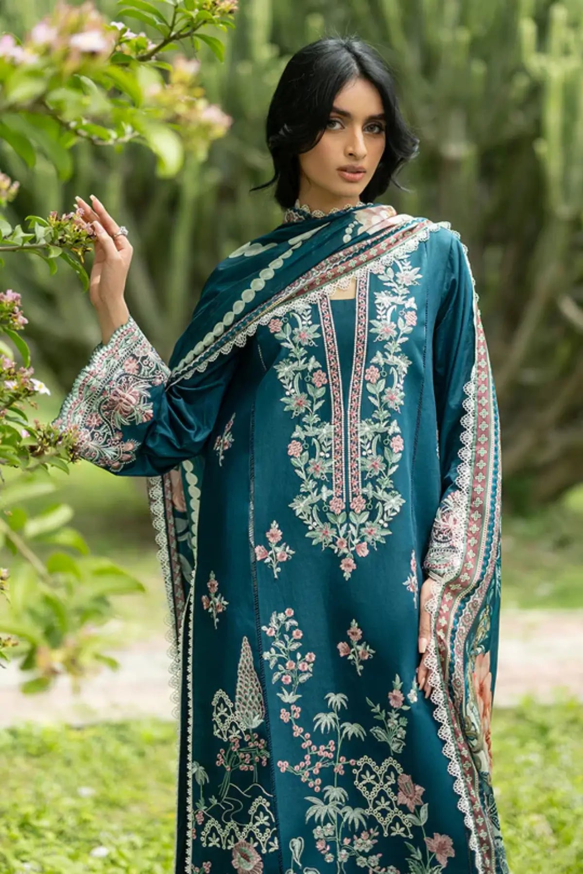 Faye 01 teal floral stitched lawn 3PC suit with silk dupatta by Zainab Chottani Pakistanimoda