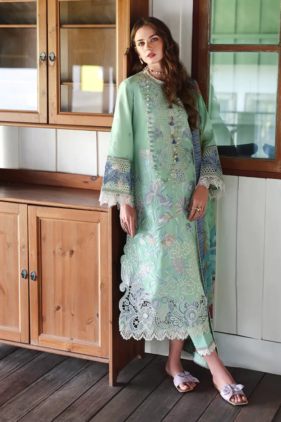 Fernlore sea green Mushq lawn stitched suit with chiffon dupatta and chikan embroidery