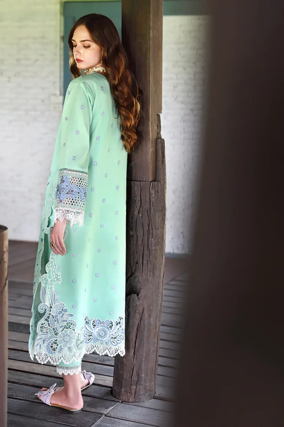 Fernlore sea green Mushq lawn stitched suit with chiffon dupatta and chikan embroidery