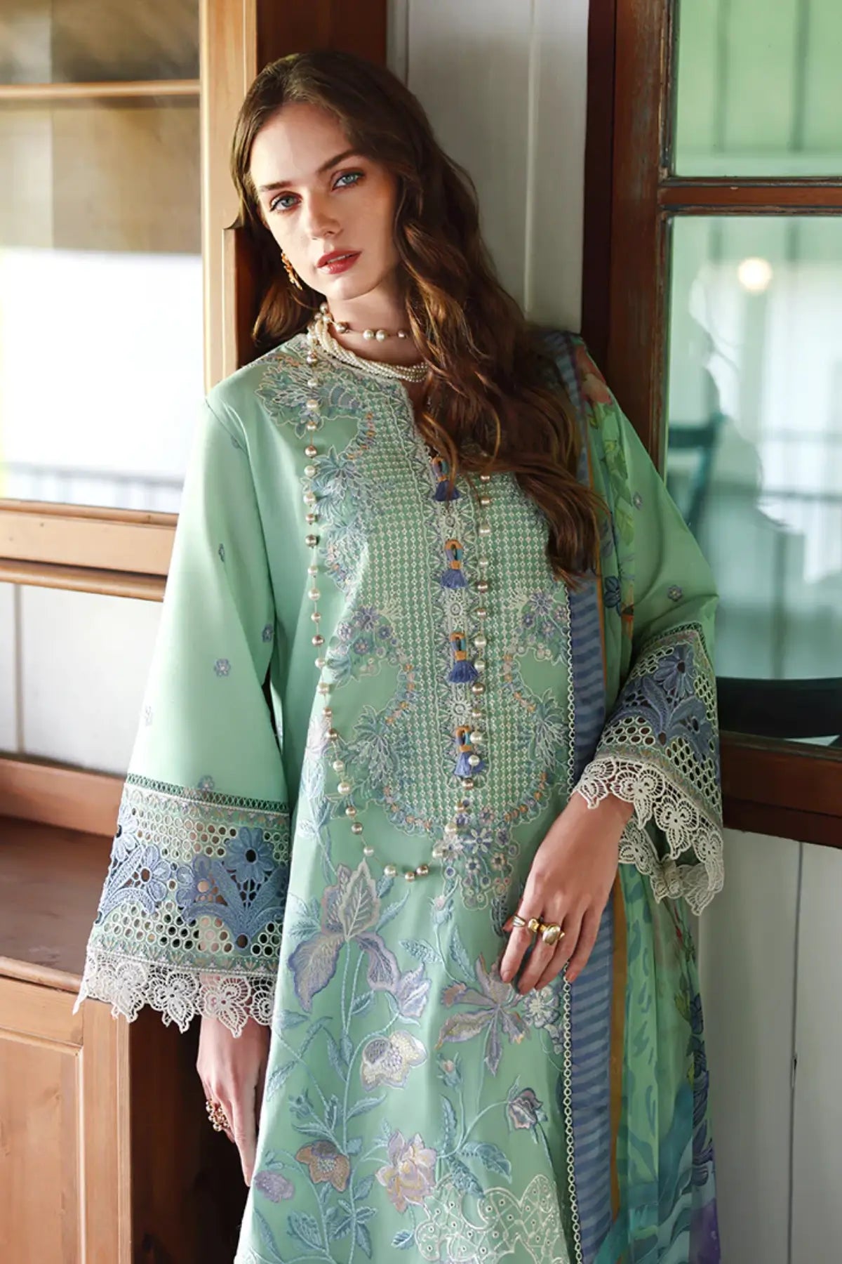 Fernlore sea green Mushq lawn stitched suit with chiffon dupatta and chikan embroidery