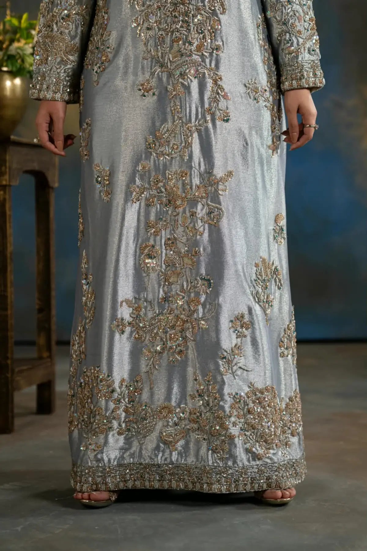 Feroza ice blue embellished Lama silk wedding formal kaftan with silk pants and organza dupatta by MariamRaj