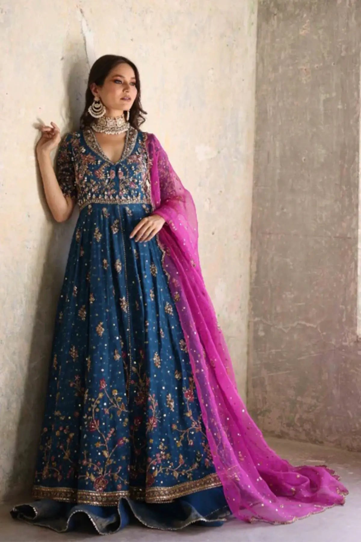 Feroza Teal Blue Cotton Net Pakistani Formal Pishwas with Intricate Zardozi Floral Embroidery, Cotton Silk Lehenga and Contrasting Fuchsia Pink Dupatta